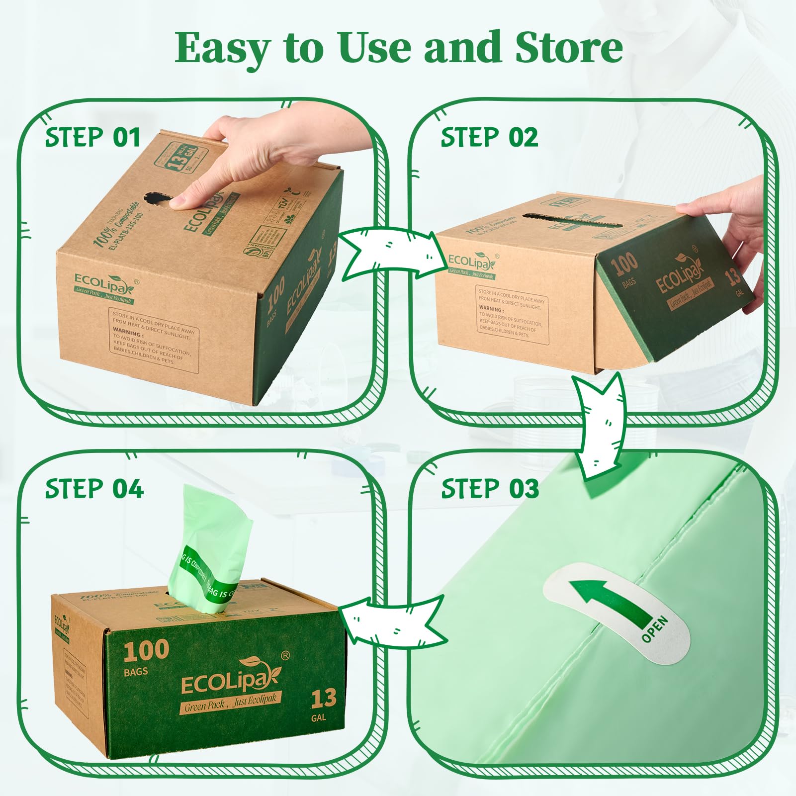 13 Gallon 100 Count Compostable Kitchen Trash Garbage Bags