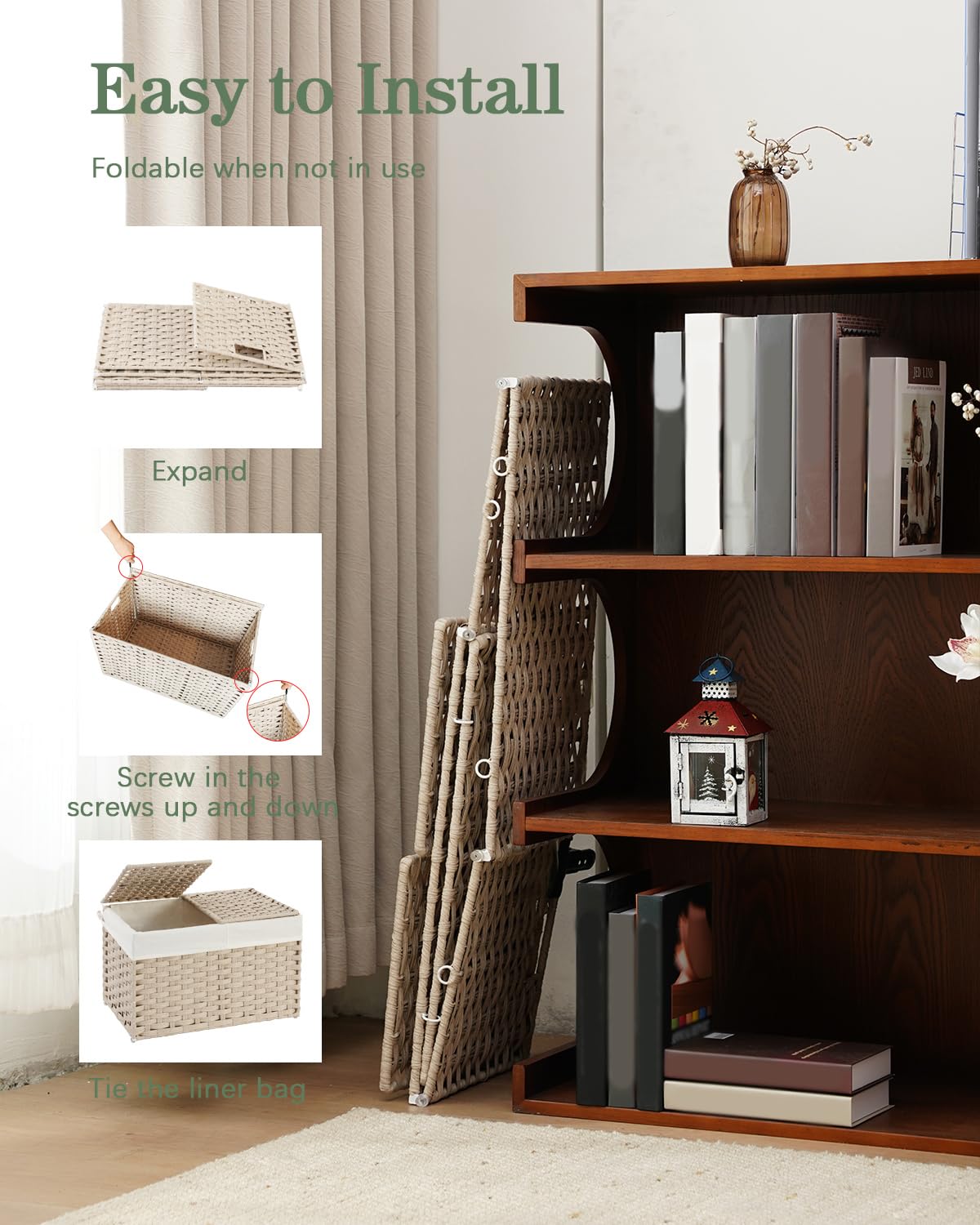 Storage Basket with Lid 105L PE Rattan Storage Bin Light Khaki