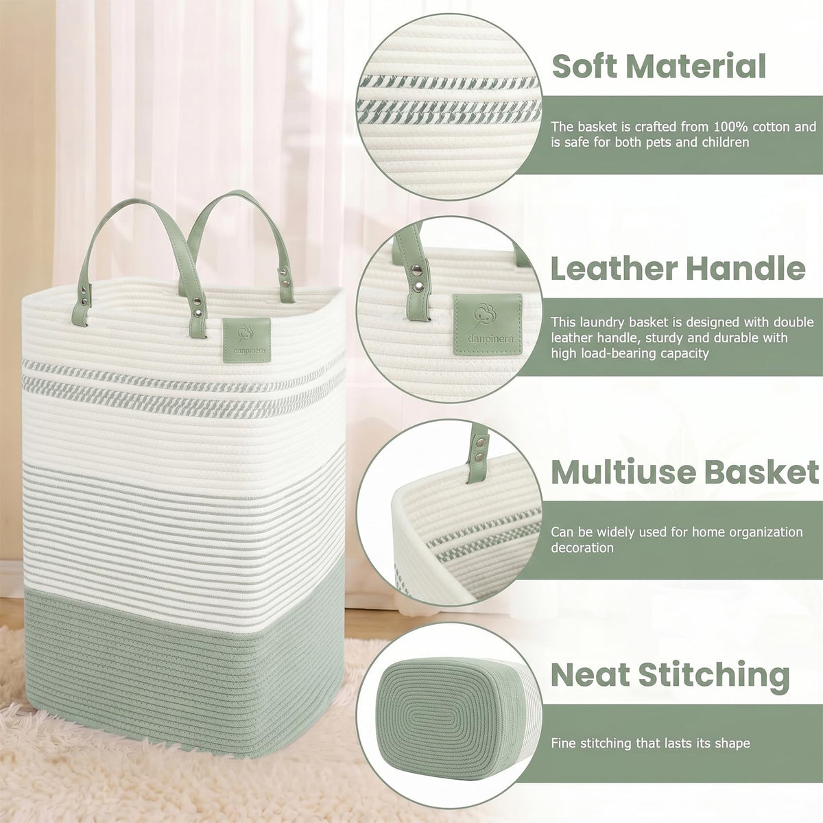 75L Woven Laundry Hamper with Long Leather Handles
