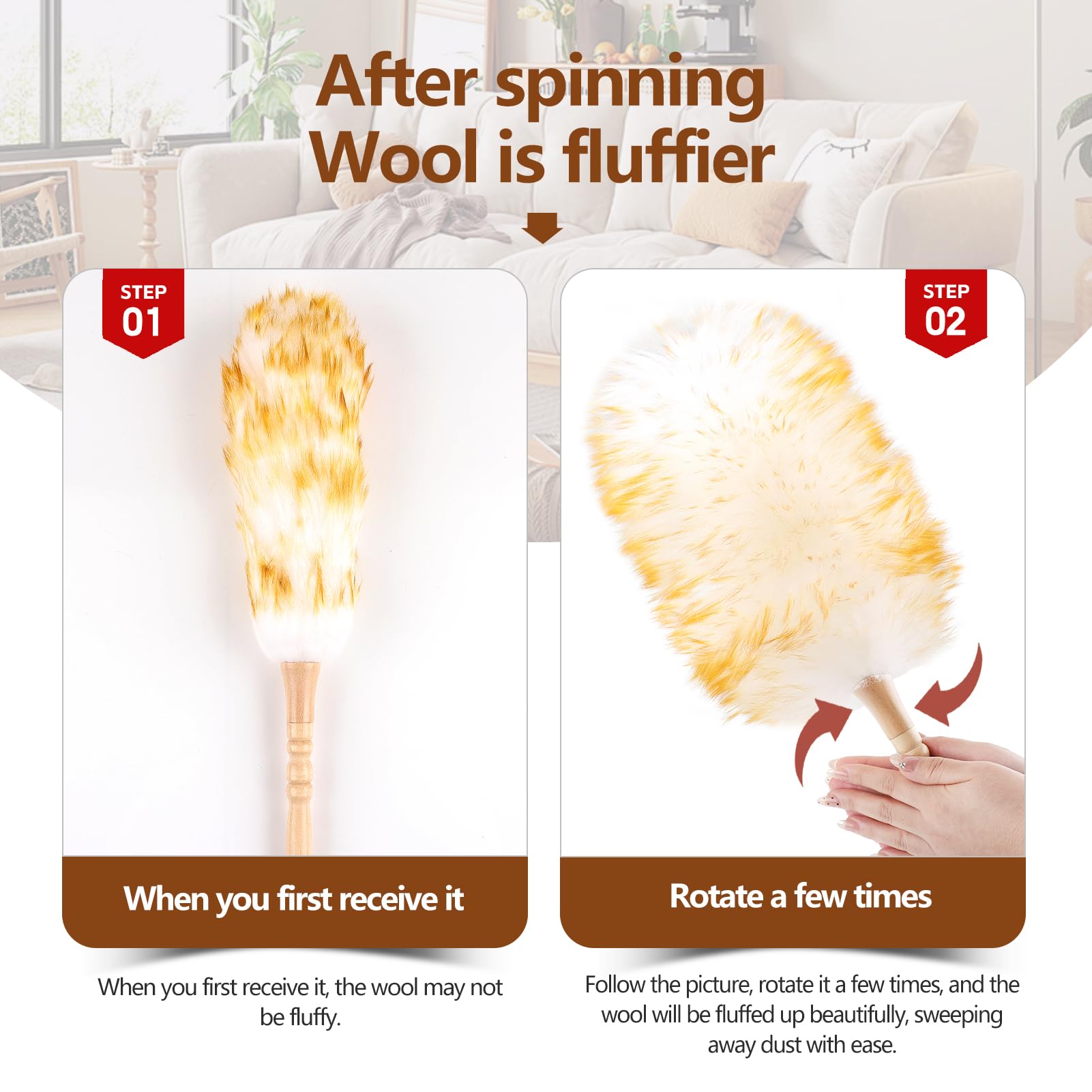 Lambswool Duster for Cleaning with Solid Wooden Handle Leather Hang Strap 19.6 inch Natural Feather Duster for Cleaning Ceiling Fans Window Blinds Computer Furniture (2 Count)