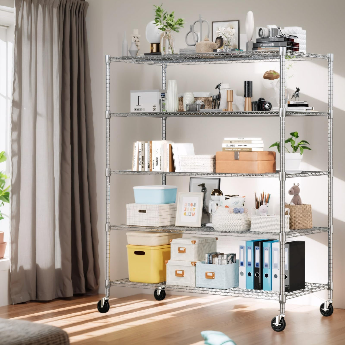 5 Tier Wire Shelving with Wheels Heavy Duty Height Adjustable Metal Shelves for Storage (5 Count)