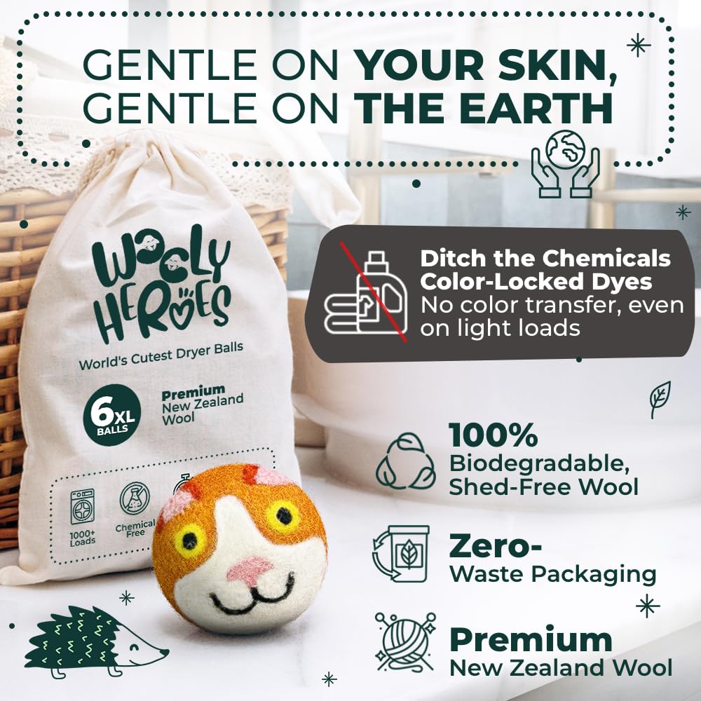 Chemical Free & Baby Safe! Reusable Wool Dryer Balls XL 6 (6 Count)