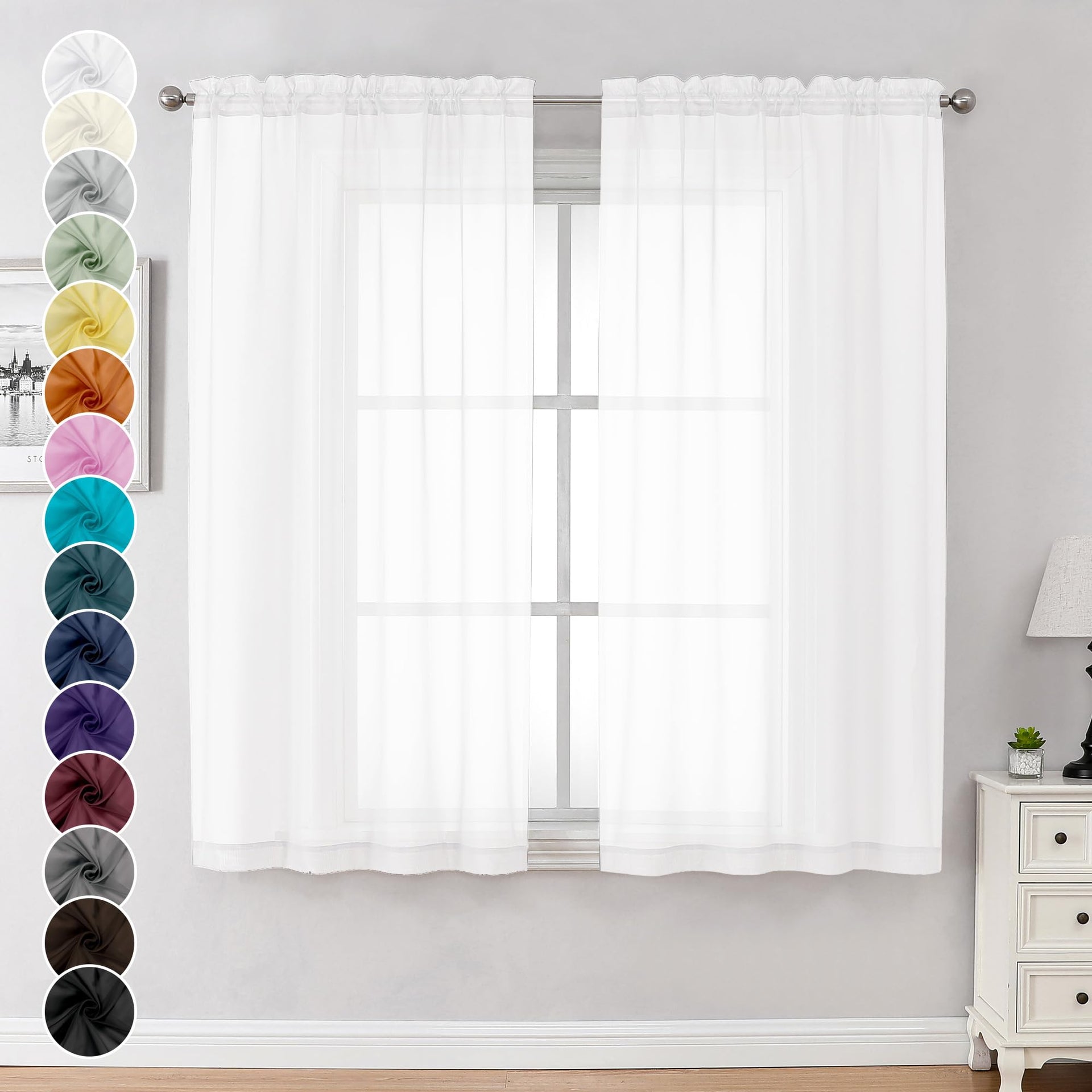 White Sheer Curtains 63 Inch Length 2 Panels