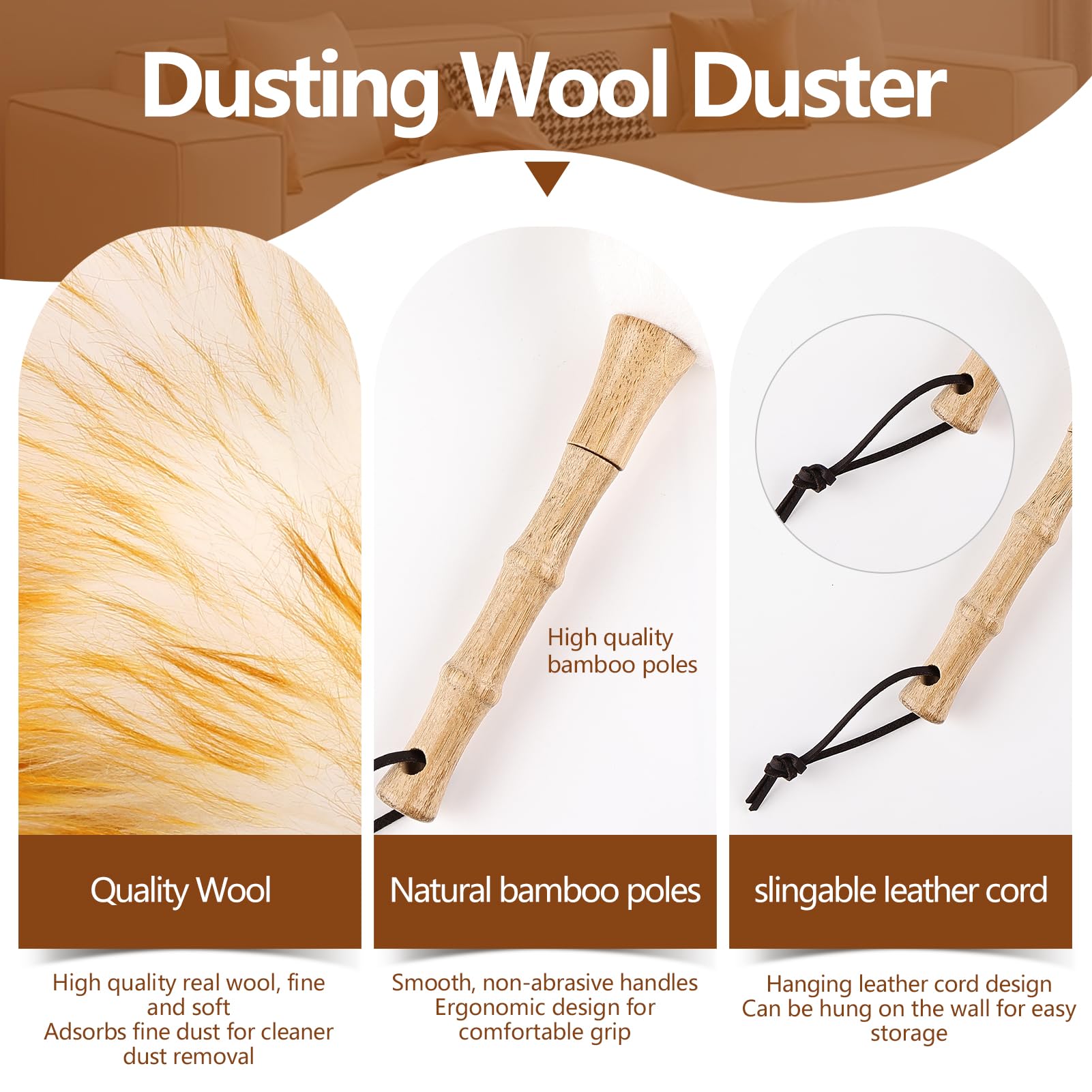 Lambswool Duster for Cleaning with Solid Wooden Handle Leather Hang Strap 14.9 inch Natural Feather Duster for Cleaning Ceiling Fans Window Blinds Computer Furniture