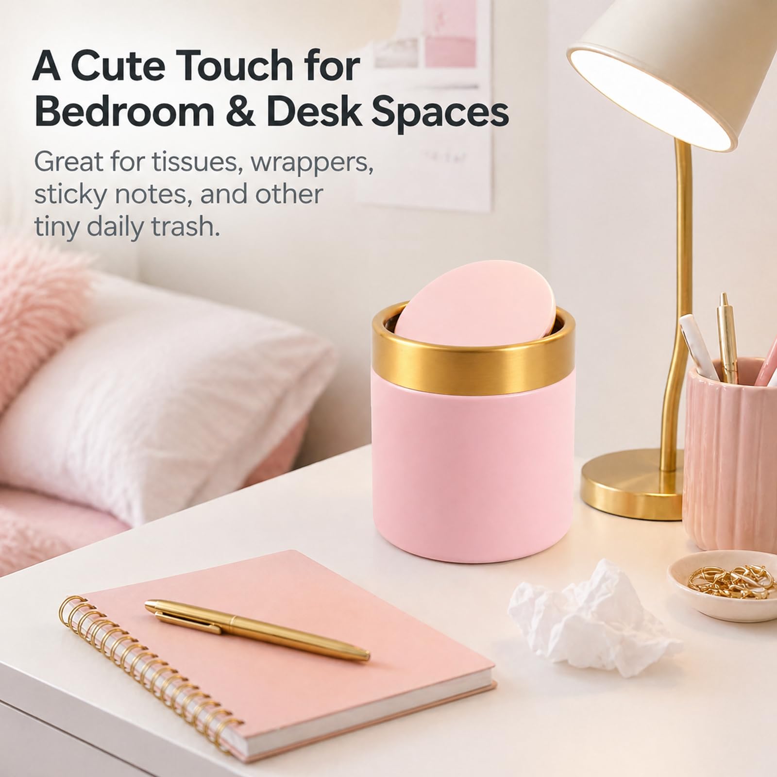 Pink Mini Countertop Trash Can with Lid