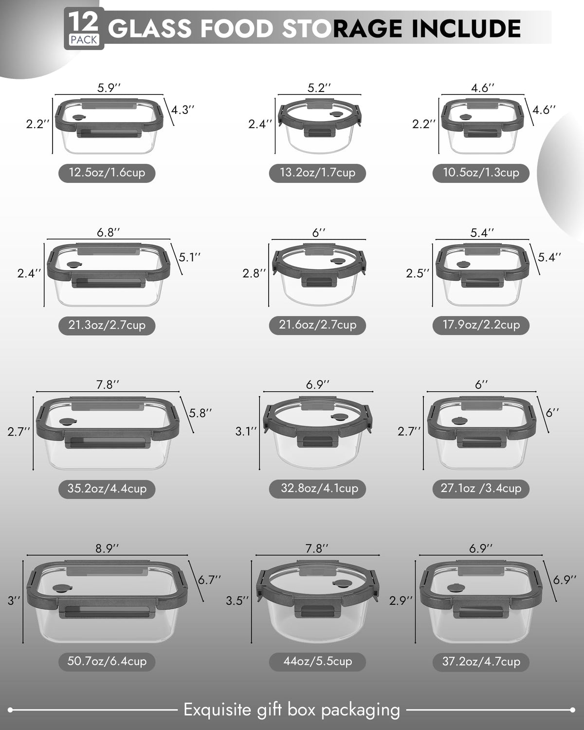 12 Pack Glass Containers with Tempered Lids (12 Count)