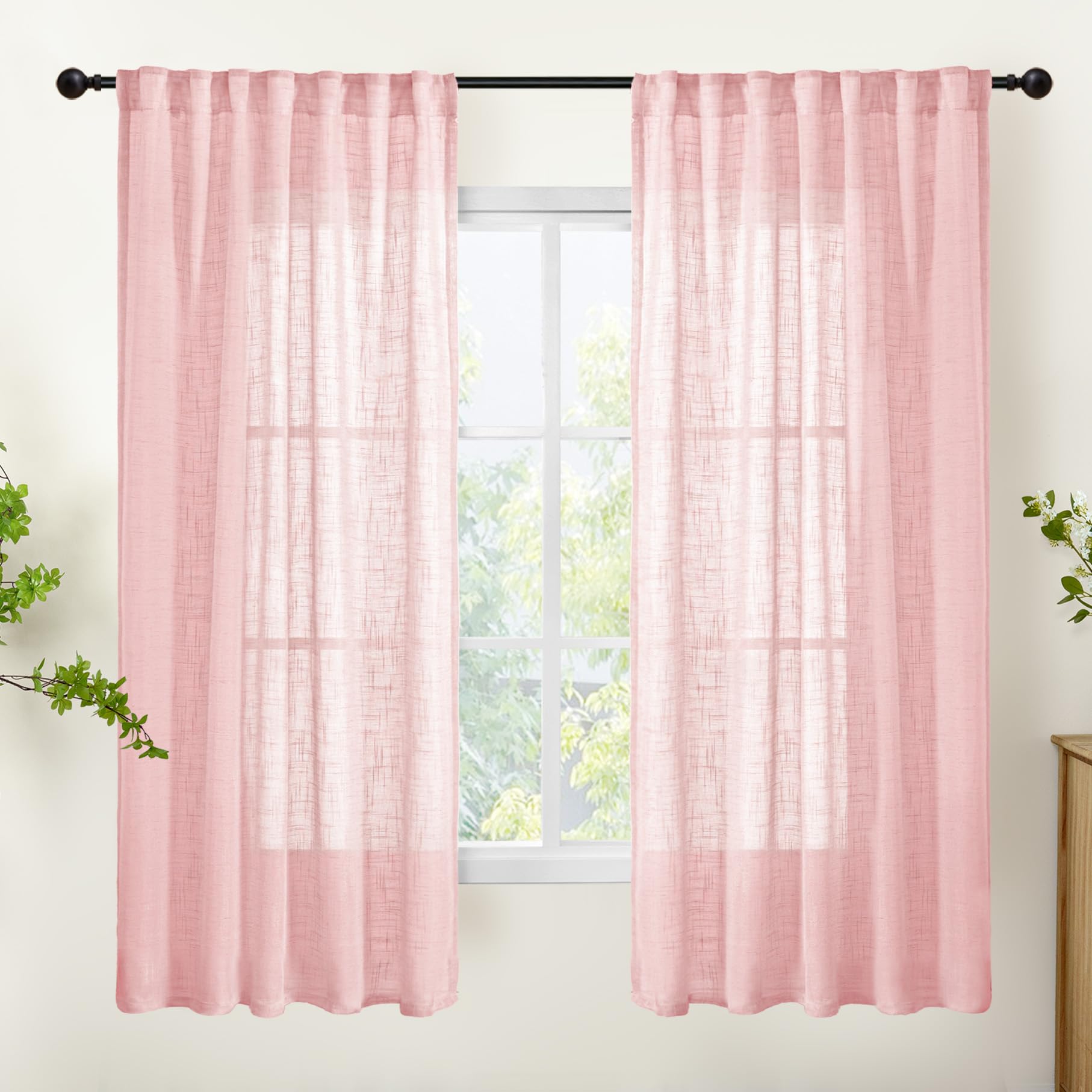 Light Pink Linen Semi Sheer Curtains 63 Inch Length for Living Room (2 Count)