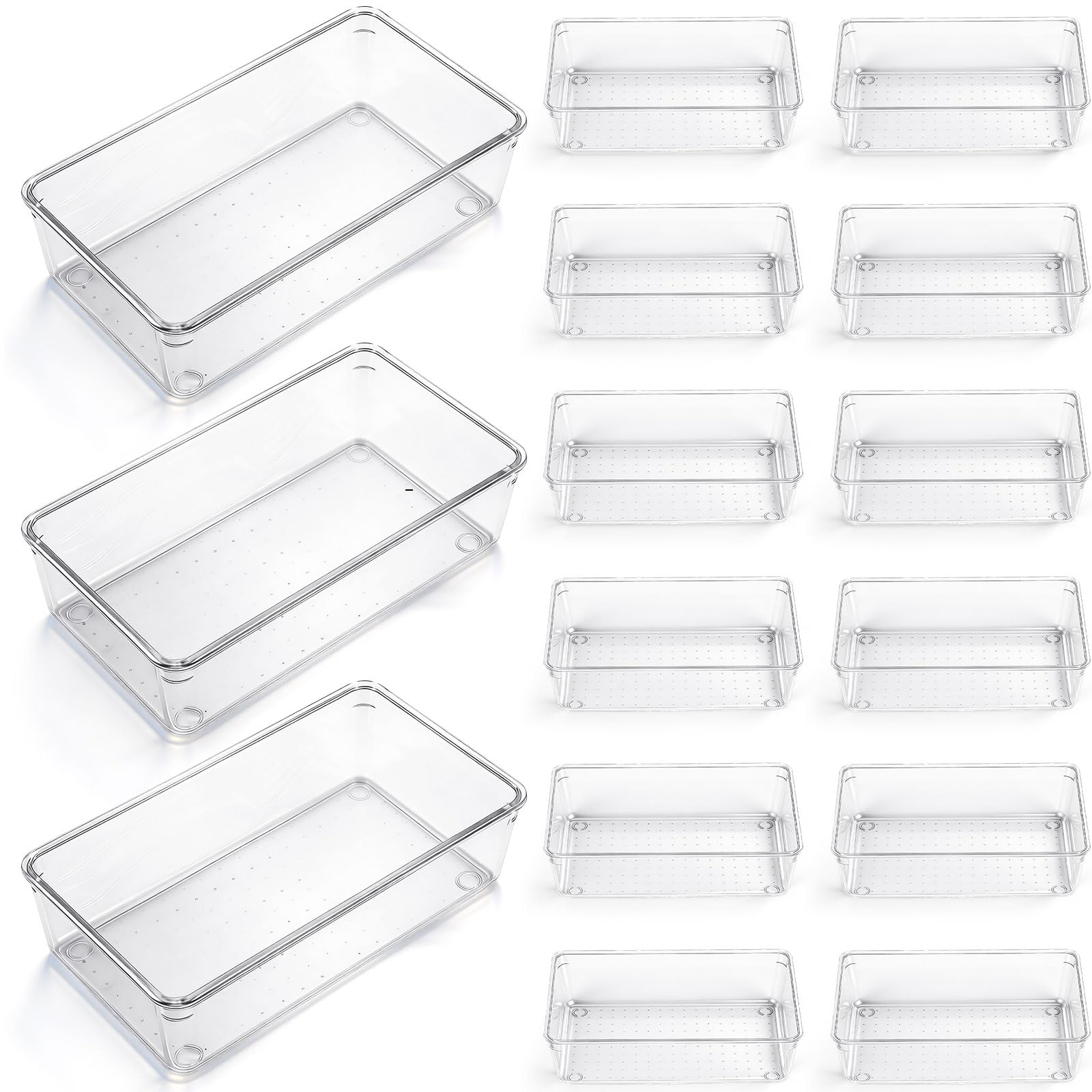 12 Pcs Clear Drawer Organizer 9 x 6 x 2 Inches Plastic Rectangle Trays Makeup Vanity Storage Bins and Kitchen Drawers Dividers for Office Desk Silverware Kitchen Utensils (12 Count)