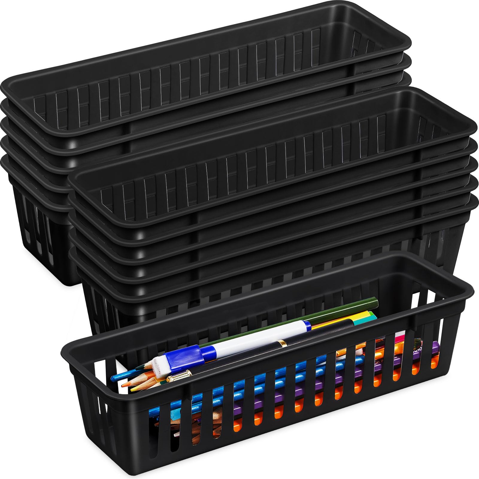 12 Pack Slim Plastic Storage Baskets Tray for Organizing 10.25x3.25x2.5 Inch Small Narrow Storage Bins Stackable Drawer Pencil Trays Holder for Desk Garage Cabinet Container (12 Count)