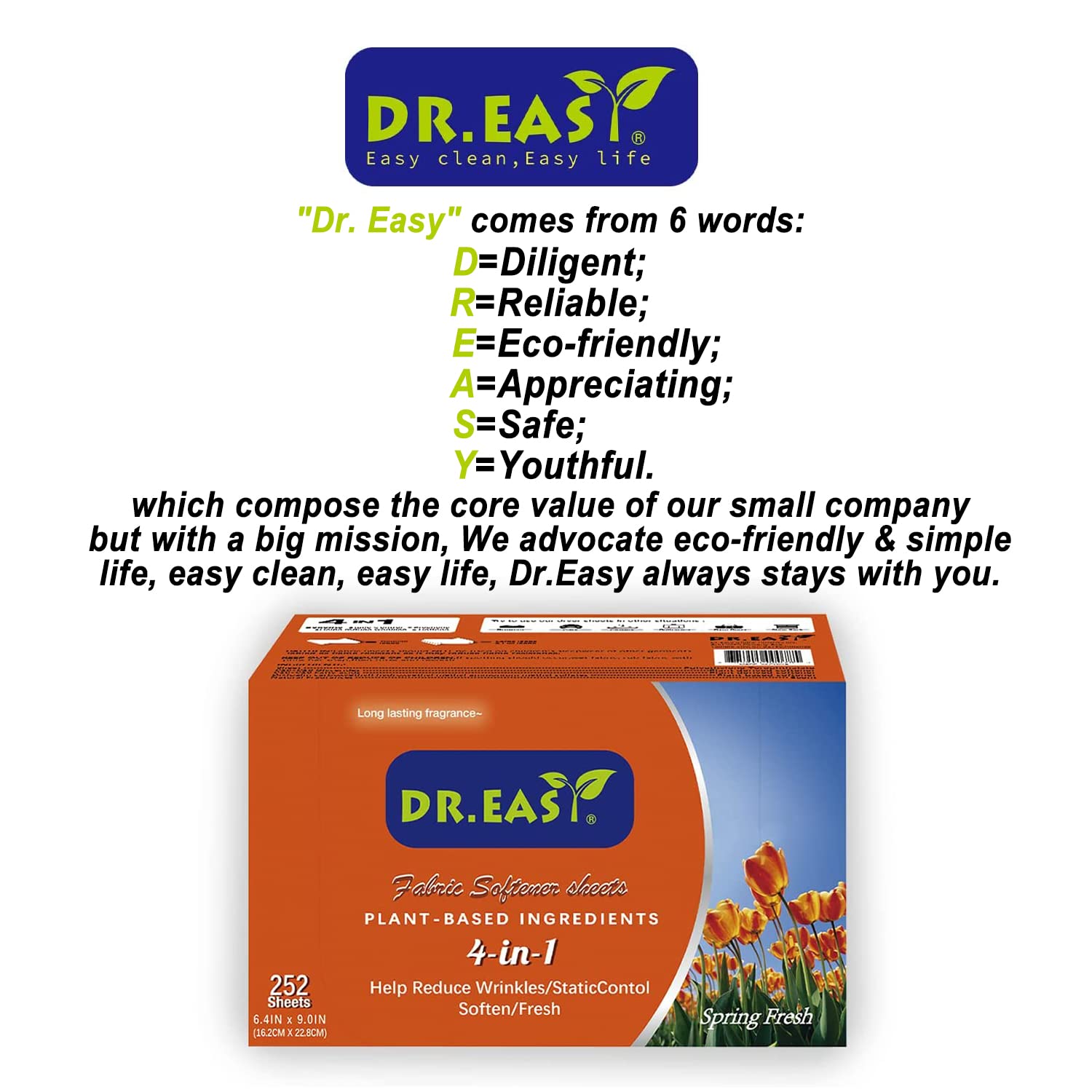 DR.EASY Dryer Sheets Plant Based Formula 252 Ct Fabric Softener sheets for Laundry Spring Fresh Essential Oil Scented No Artificial Fragrances No Dyes Reduce Static & Wrinkles Help Repel Pet Hair (252 Count)