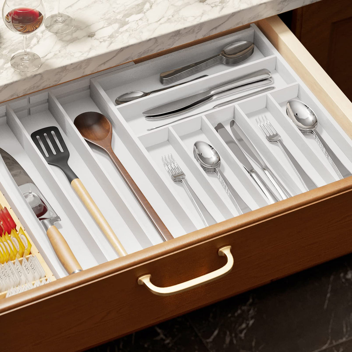 Bamboo Silverware Drawer Organizer with Labels