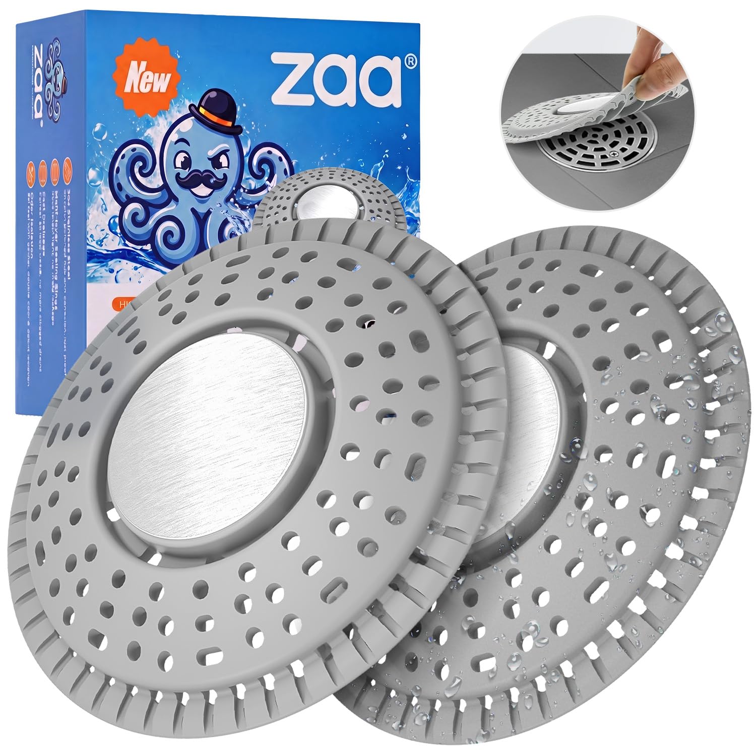 Shower Drain Hair Catcher Silicone Flat Floor Strainer Protector (2 Count)