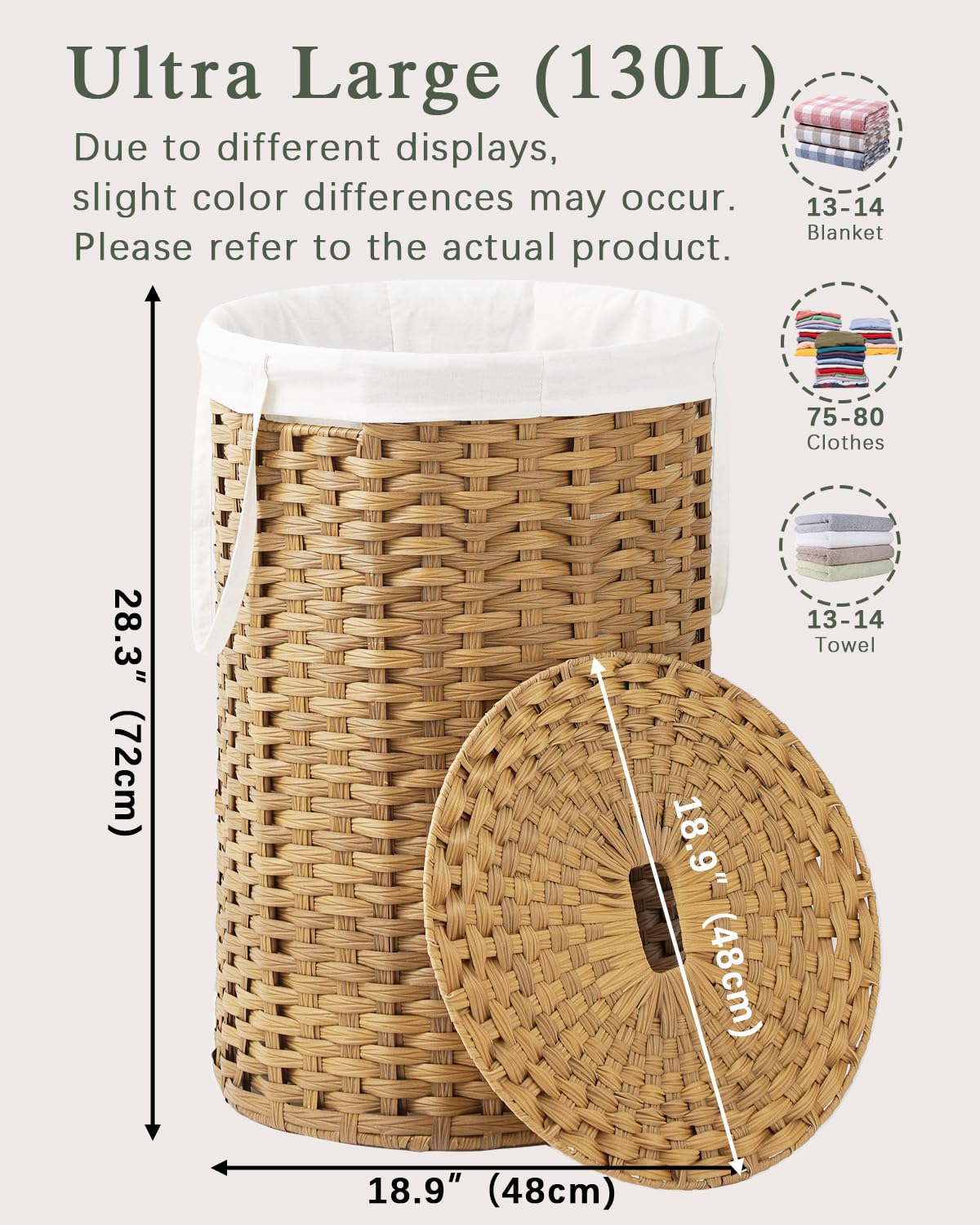 Large Laundry Hamper Laundry Basket Round 34.3 Gal PE