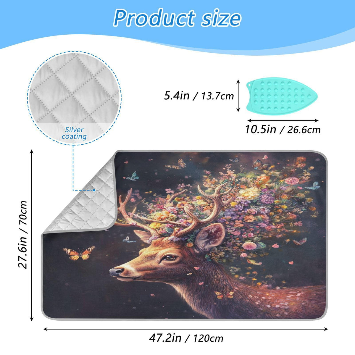 Deer with Butterfly Floral Ironing Mat Thickened Ironing Blanket Travel Portable Double