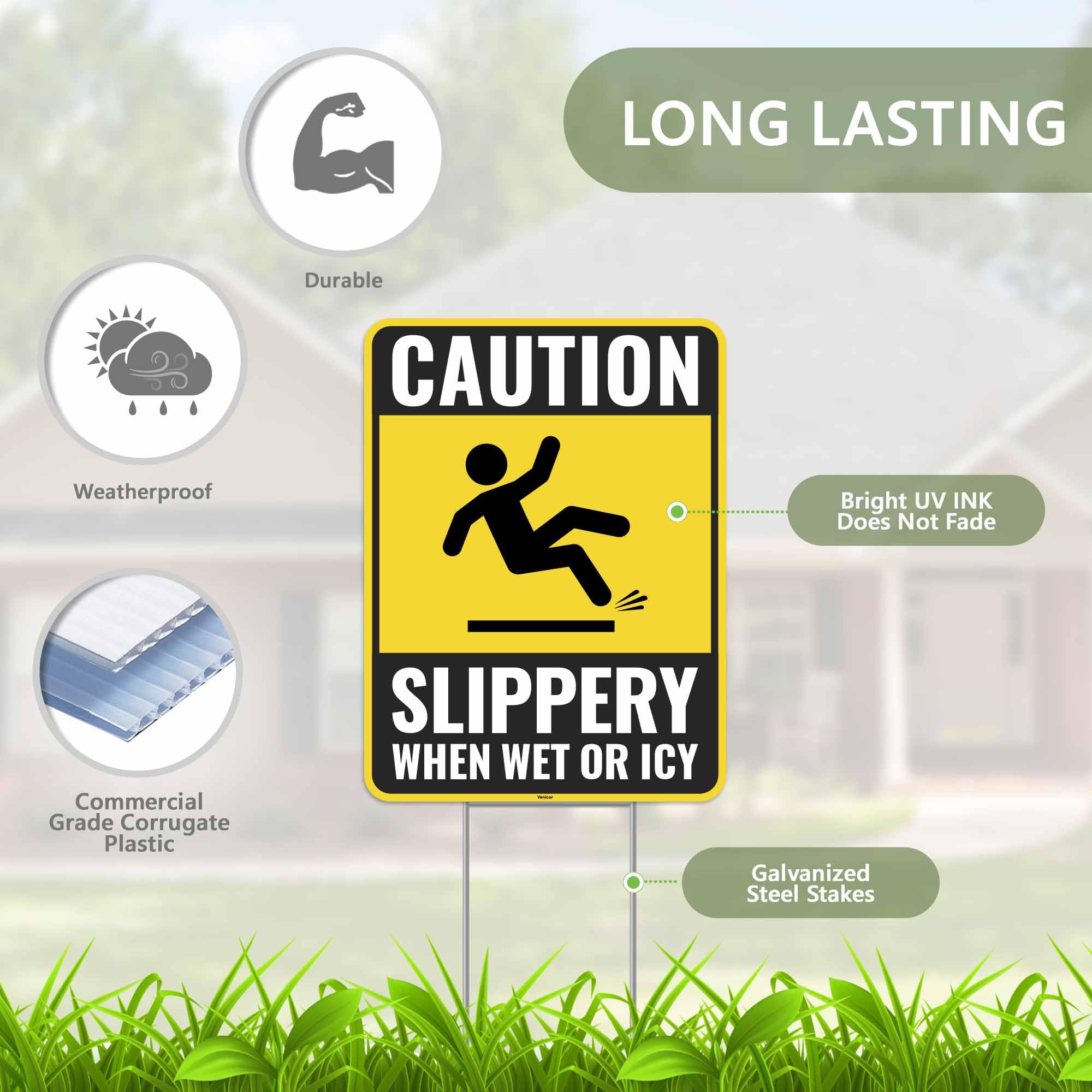 2PC Caution Slippery When Wet Or Icy Sign with Metal Stakes (2 Count)