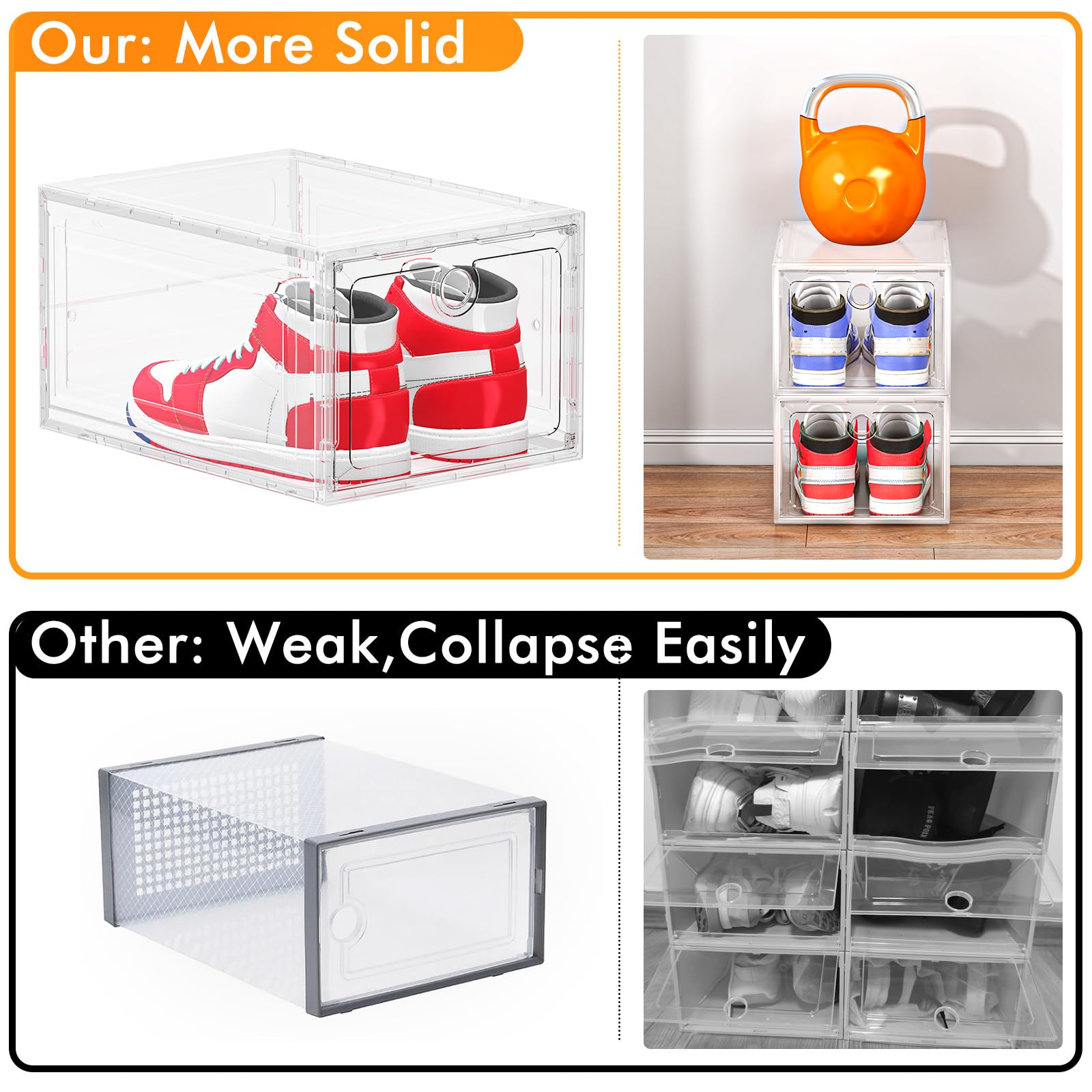 6 Pack Clear Shoe Storage Boxes Magnetic Stackable (6 Count)
