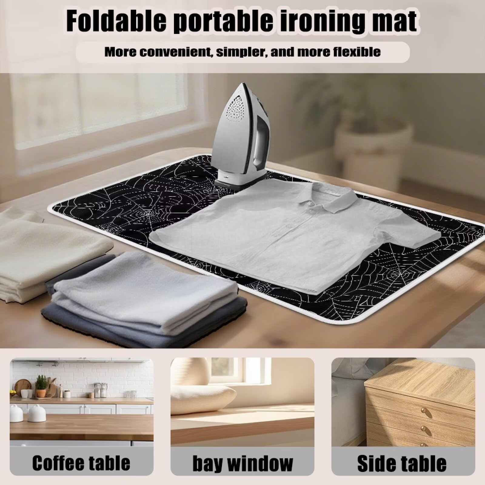 Spider Web Ironing Mat Black Heat Resistant Ironing Blanket Thick Portable Travel Ironing Pad for Table Top Washer and Dryer