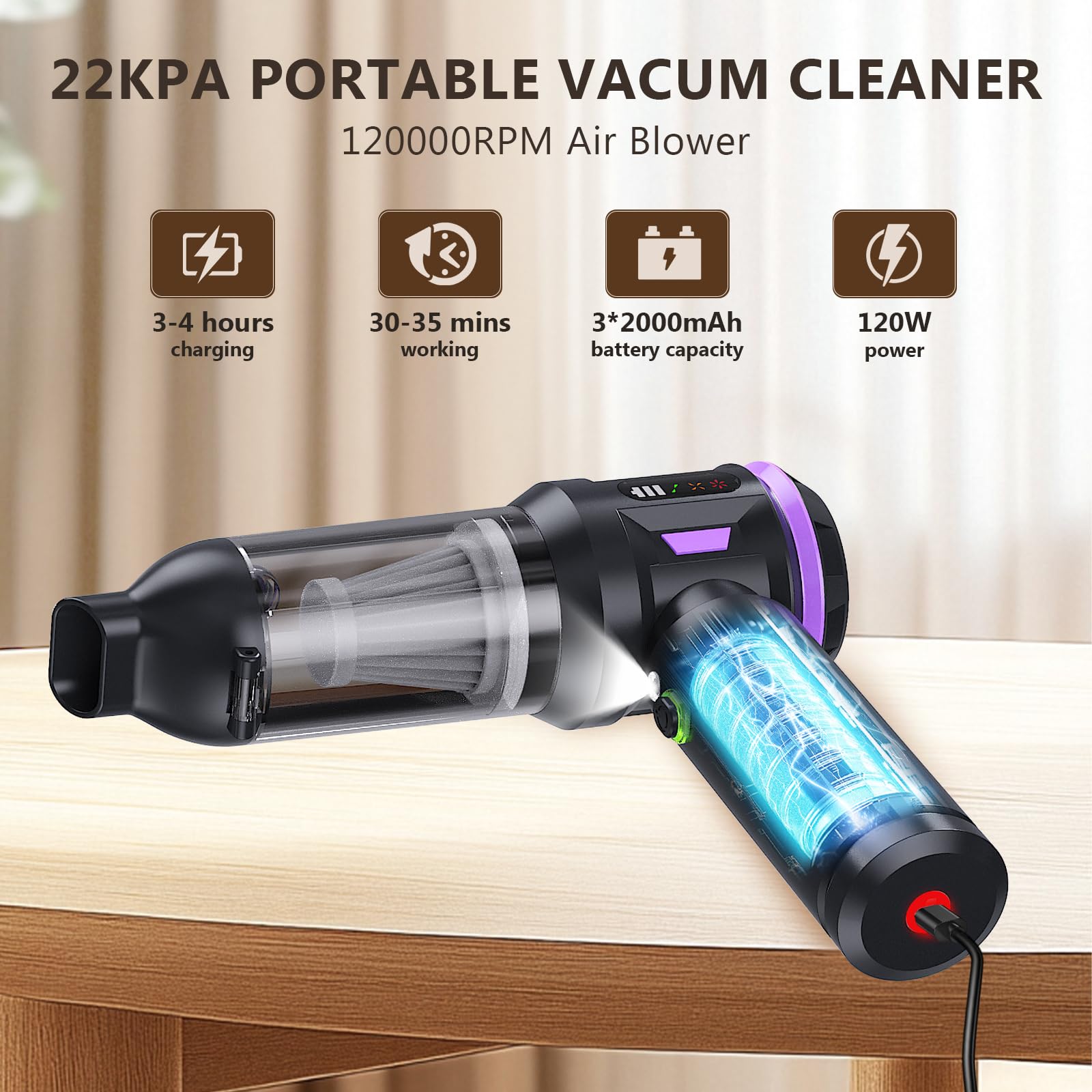 Car Vacuum Portable Cordless 22000Pa Brushless Motor