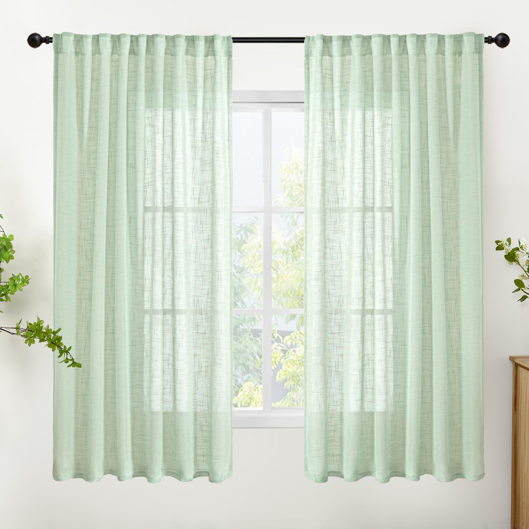 Light Green Linen Curtains 63 Inch Length for Living Room (2 Count)