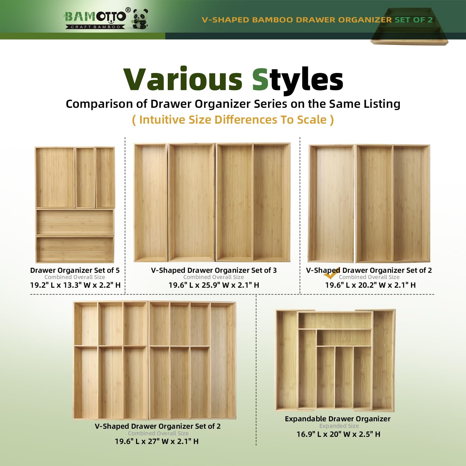 Long V Shaped Bamboo Drawer Organizer Set of 2 (59.2 Ounce)