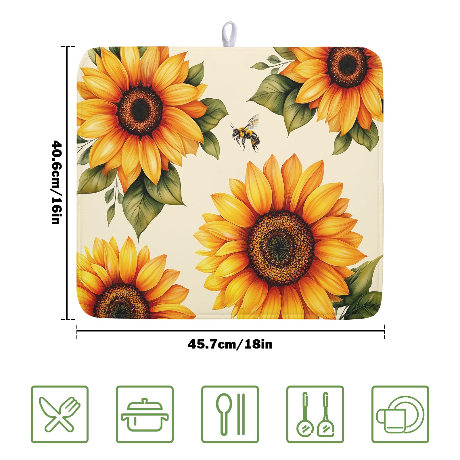 Sunflower Dish Drying Mat 16x18 Inch Absorbent Reversible Summer Drying Mat Sunflower Bee Dish Drying Rack Mat Yellow Summer Themed Dish Drainer Mat for Kitchen Counter Coffee Bar