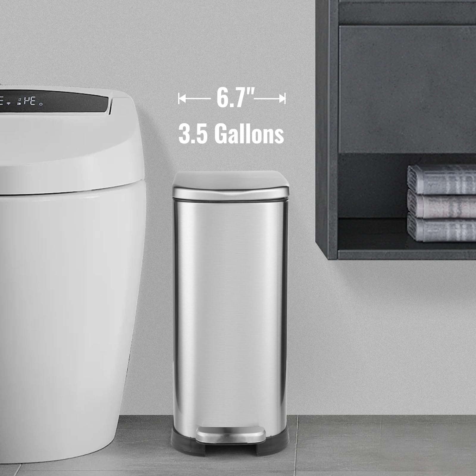 Bathroom Trash Can with Soft Close Lid 3.5 Gallon Silver