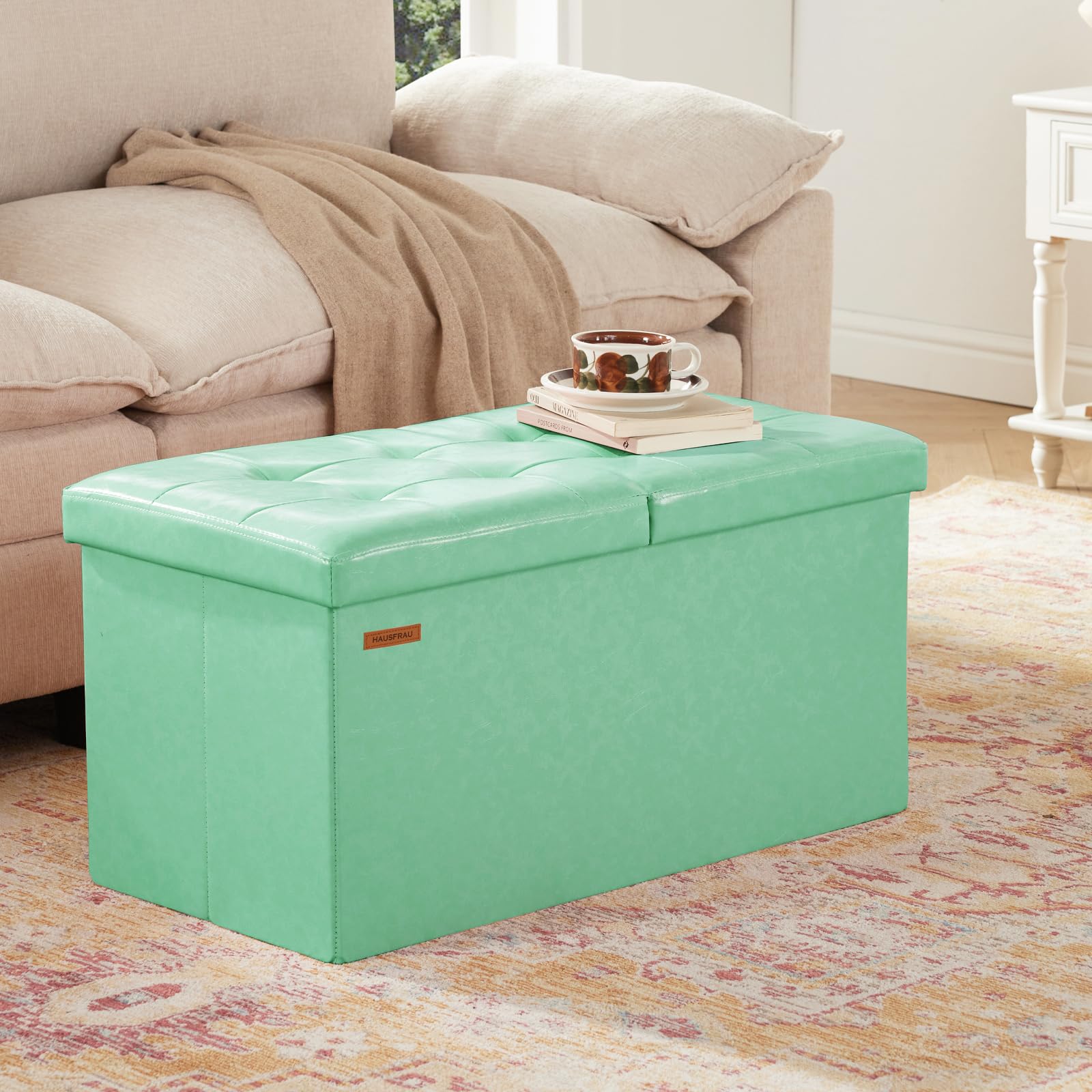 Ottoman with Storage Bench Folding Foot Rest Stool Teal