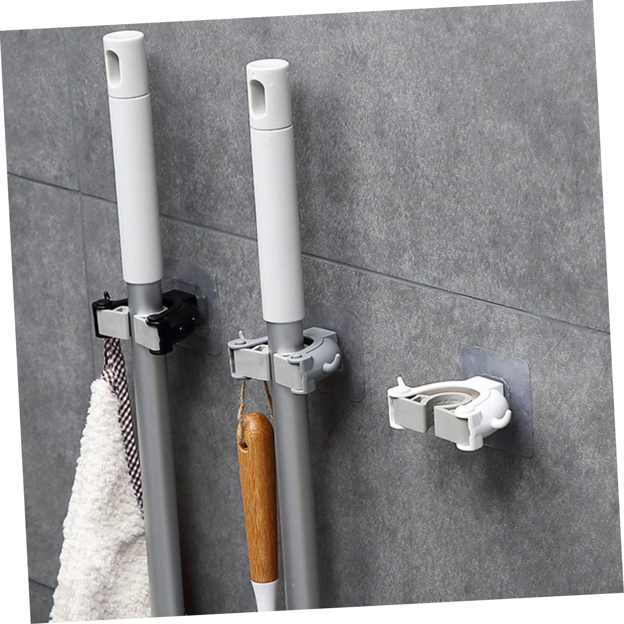 2 Pcs Seamless Mop Holder Wall Mounted No Drill Broom Hanger Clip Plastic Mop Hook for Home Kitchen Bathroom Organizer