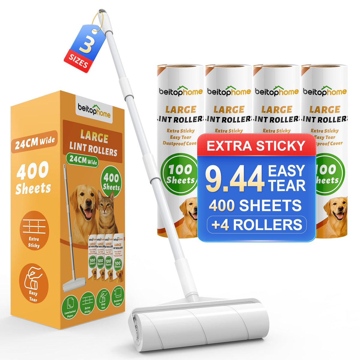 Extra Large Lint Roller for Pet Hair (400 Count)