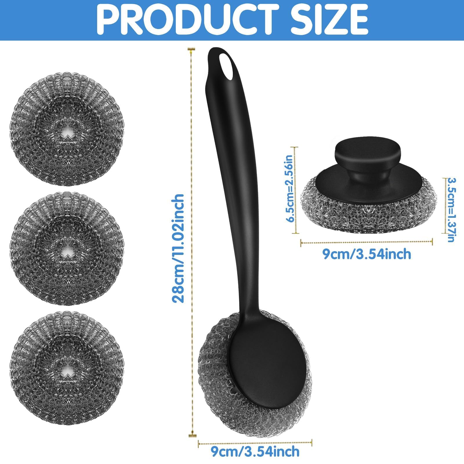 Scrubber with Handle Comes with Three Replacement Balls Steel Wool