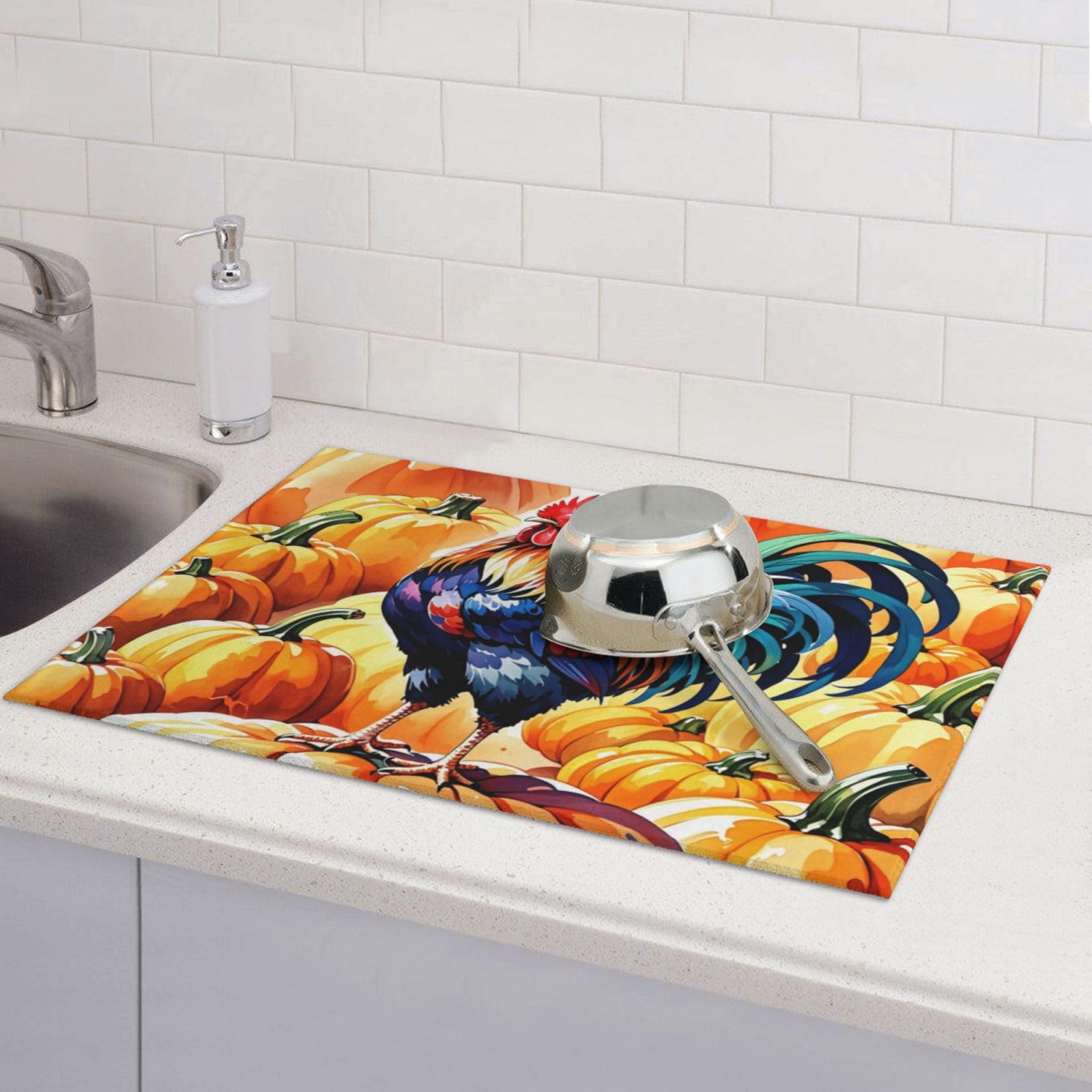 Rooster Pumpkin Dish Drying Mat Highly Absorbent Double