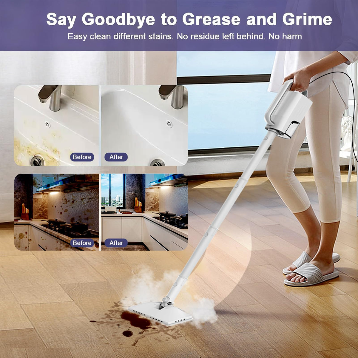 6-in-1 Steam Mop, 1200W Rotated Steam Cleaner for Home, 2 Modes, 400ML Removable Tank, 23FT Power Cord, 2 Pads, Multi-Surface Steamer for Hard Floor, Laminate Floor, Tiles Cleaning (White Silk)