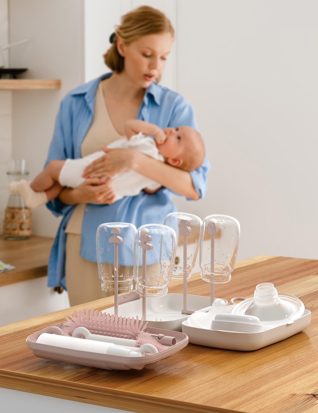 7-in-1 Baby Bottle Brush Set with Drying Rack, Pink - ModHome Supplies