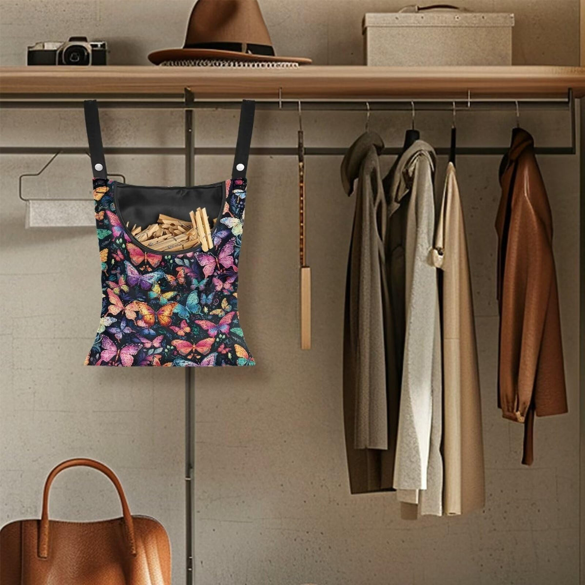Colorful Butterfly Clothespin Bag with Hanging Hook Summer Laundry Clothes Pin Holder Waterproof Clothes Pin Hanging Bag Clothespin Storage Organizer with Large Opening