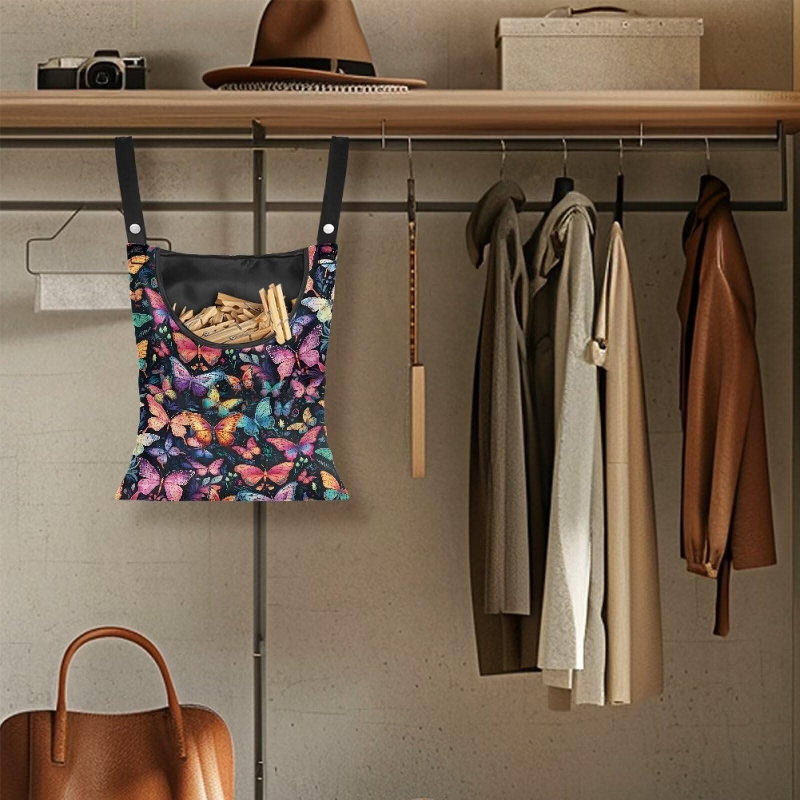 Colorful Butterfly Clothespin Bag with Hanging Hook Summer Laundry Clothes Pin Holder Waterproof Clothes Pin Hanging Bag Clothespin Storage Organizer with Large Opening