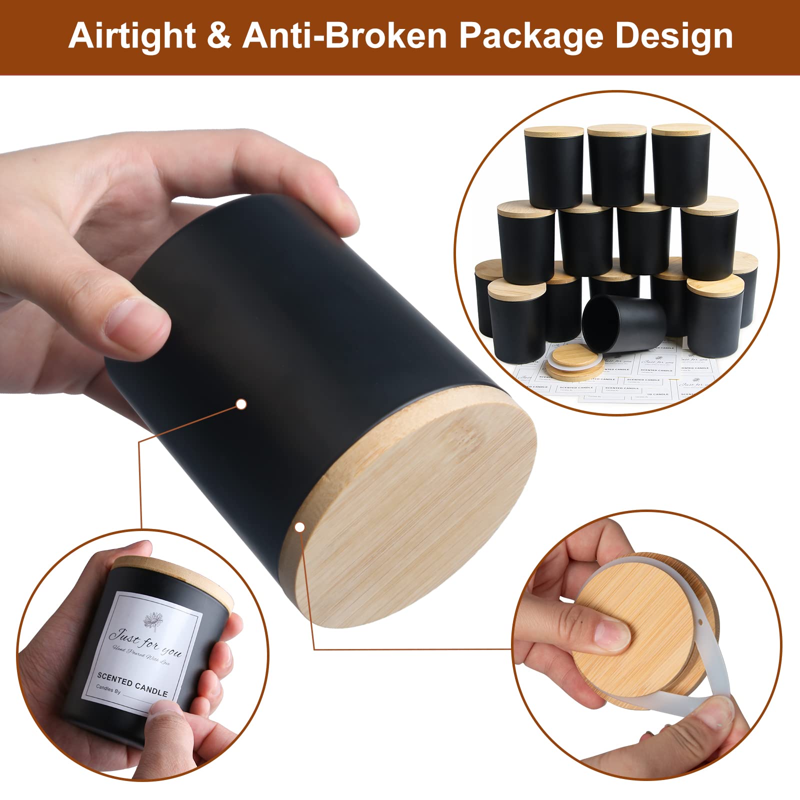 15 Pack 7 OZ Matte Black Candle Jars with Bamboo Lids (15 Count)
