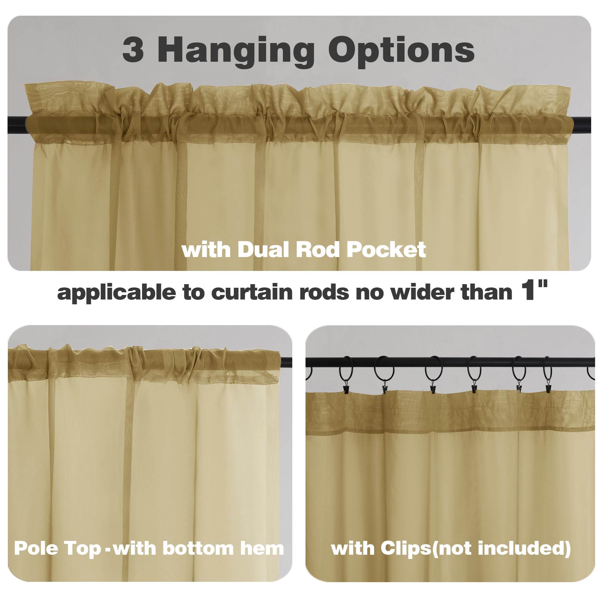 Gold Sheer Curtains 54 Inch Long 2 Panels Set (2 Count)