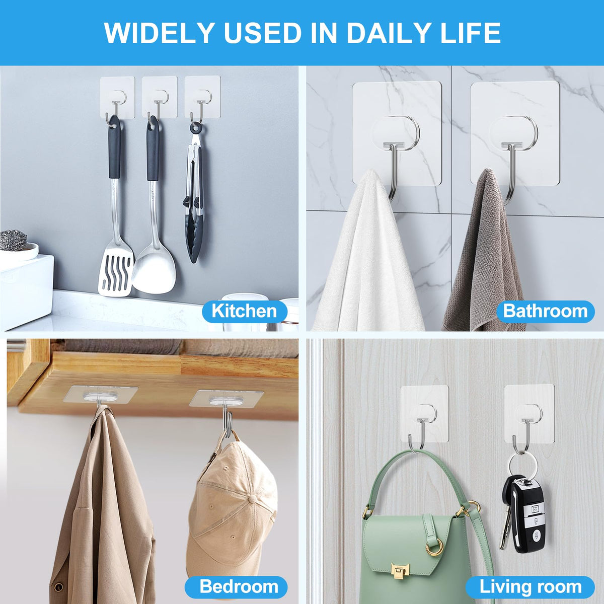 Adhesive Wall Hooks No Drill Large Clear Heavy Duty (12 Count)