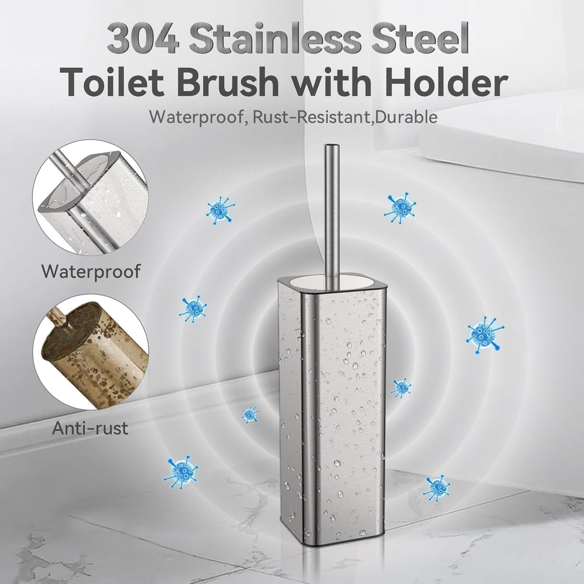 Toilet Bowl Brush and Holder for Bathroom Silver