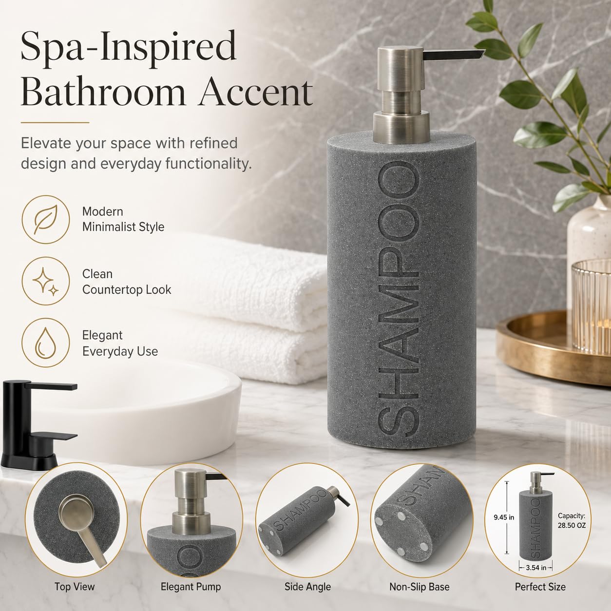 Resin Neutral Gray Sandstone Shampoo Engraved Bottle Refillable Pump Dispenser