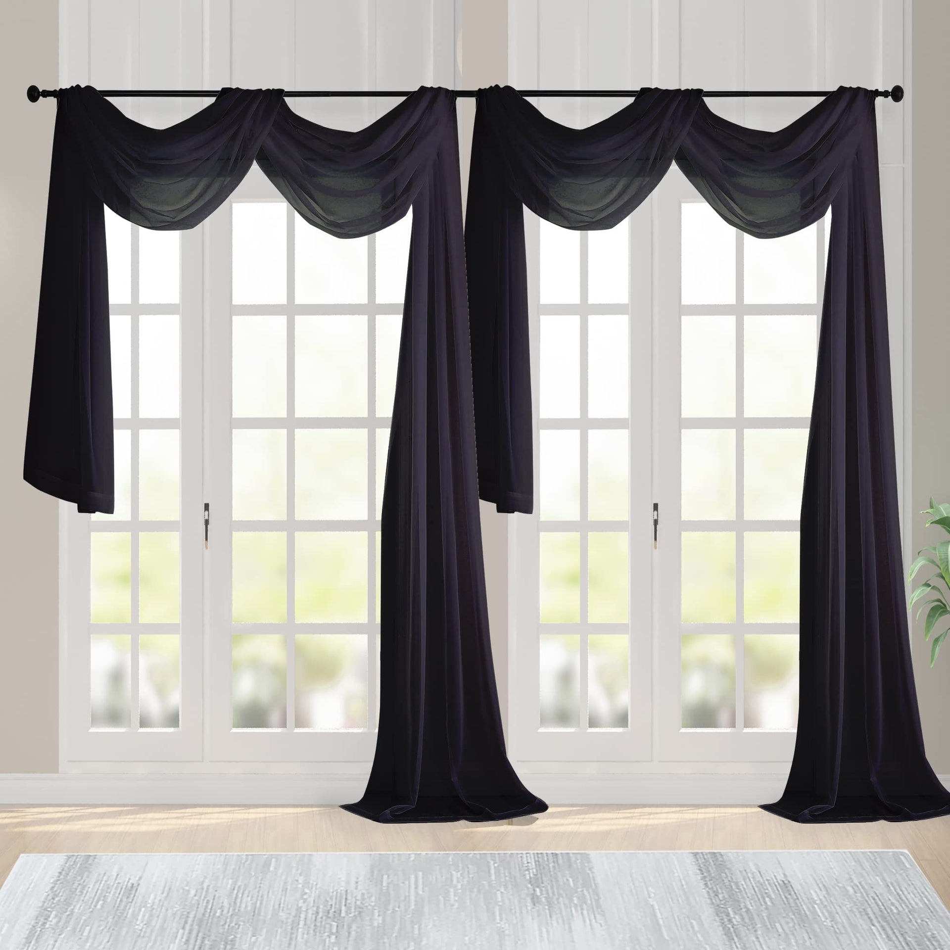 Black Sheer Scarf Valances for Windows 216 Inch Extra Long (2 Count)