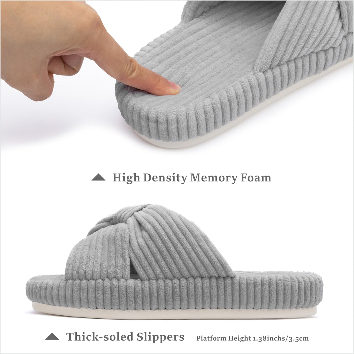 Slippers for Women Memory Foam House Bedroom Corduroy Bow Crossbands Slipper Shoes Comfy Trendy Gift Slippers Grey Size 7 8 6.5