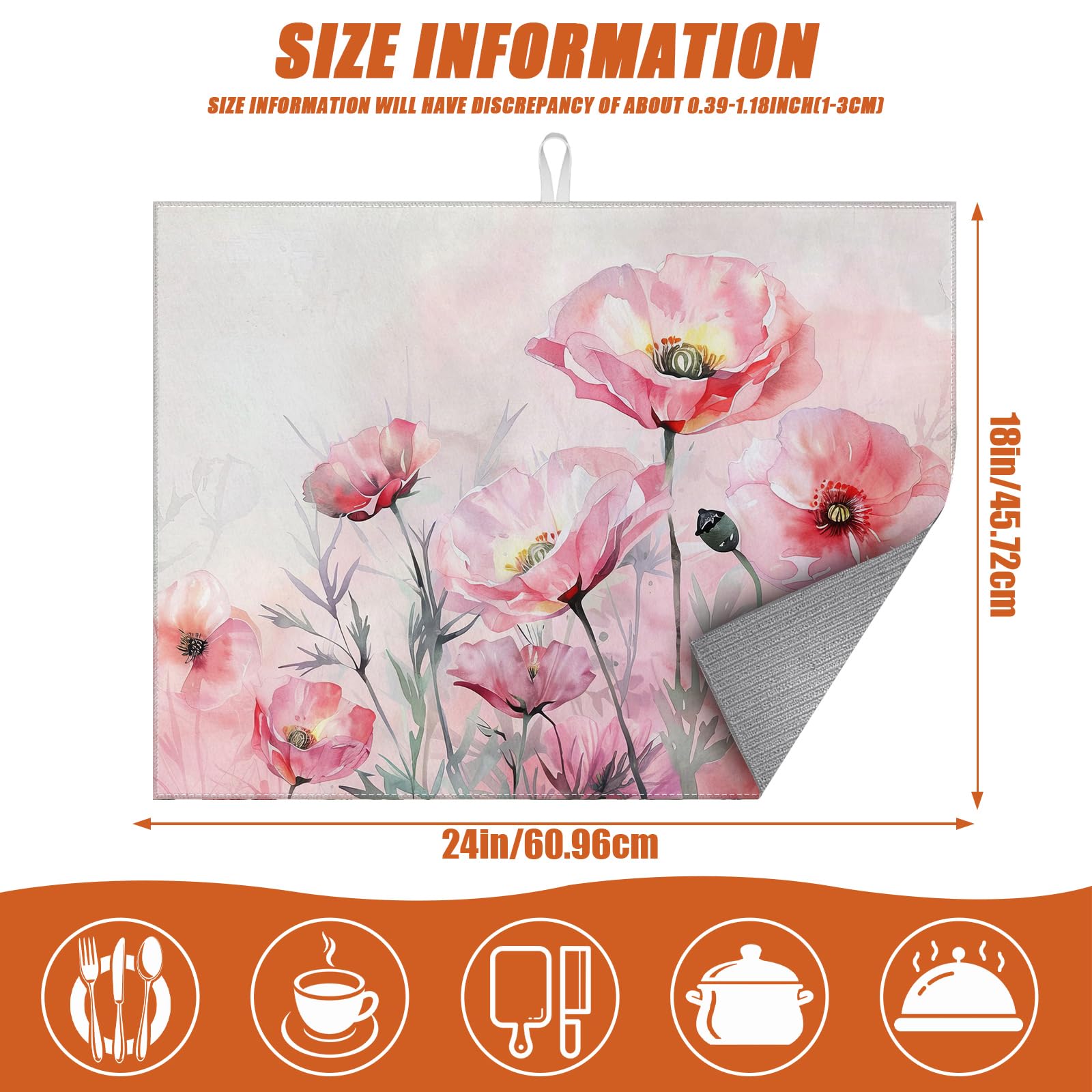 Pink Poppy Flower Dish Drying Mat for Kitchen Counter Microfiber Absorbent Dish Kitchen Drying Mat Draining Reusable Washable for Dishes