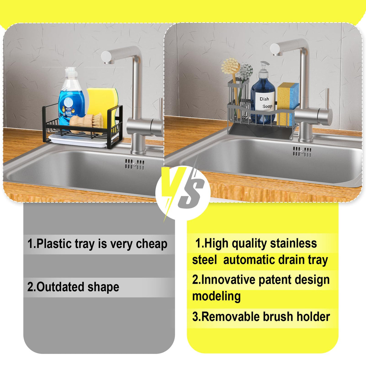 Maifan Sink Caddy Sponge Holder for Kitchen with Brush Holder and Stainless Steel Self Drain Tray