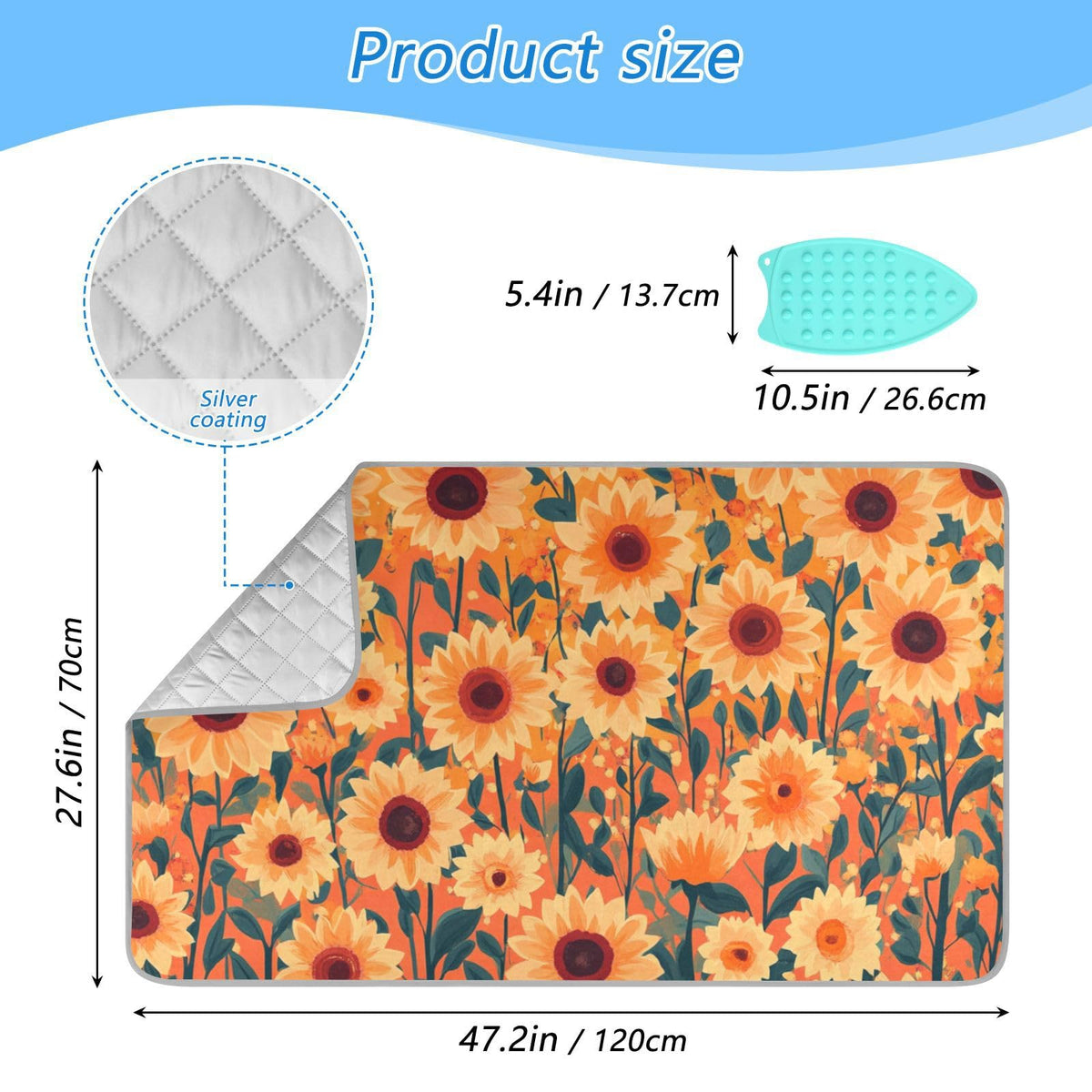 Orange Sunflowers and Poppy Flowers Ironing Mat Portable Ironing Pad Blanket with Silicone Iron Rest for Table Top Travel Heat Resistant Double