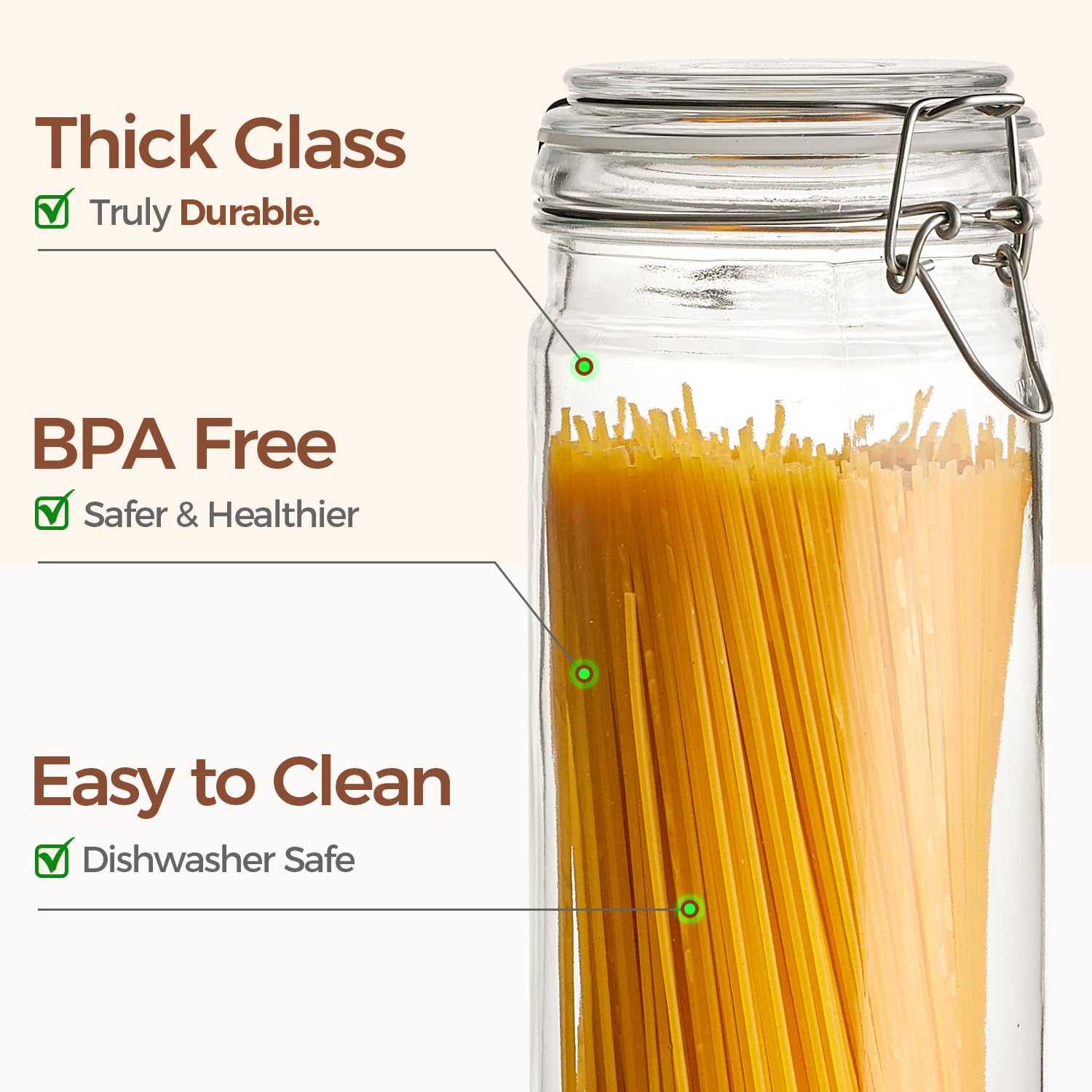 Tall Glass Pasta Containers with Airtight Lids 68 oz 3 Pack Canister (3 Count)