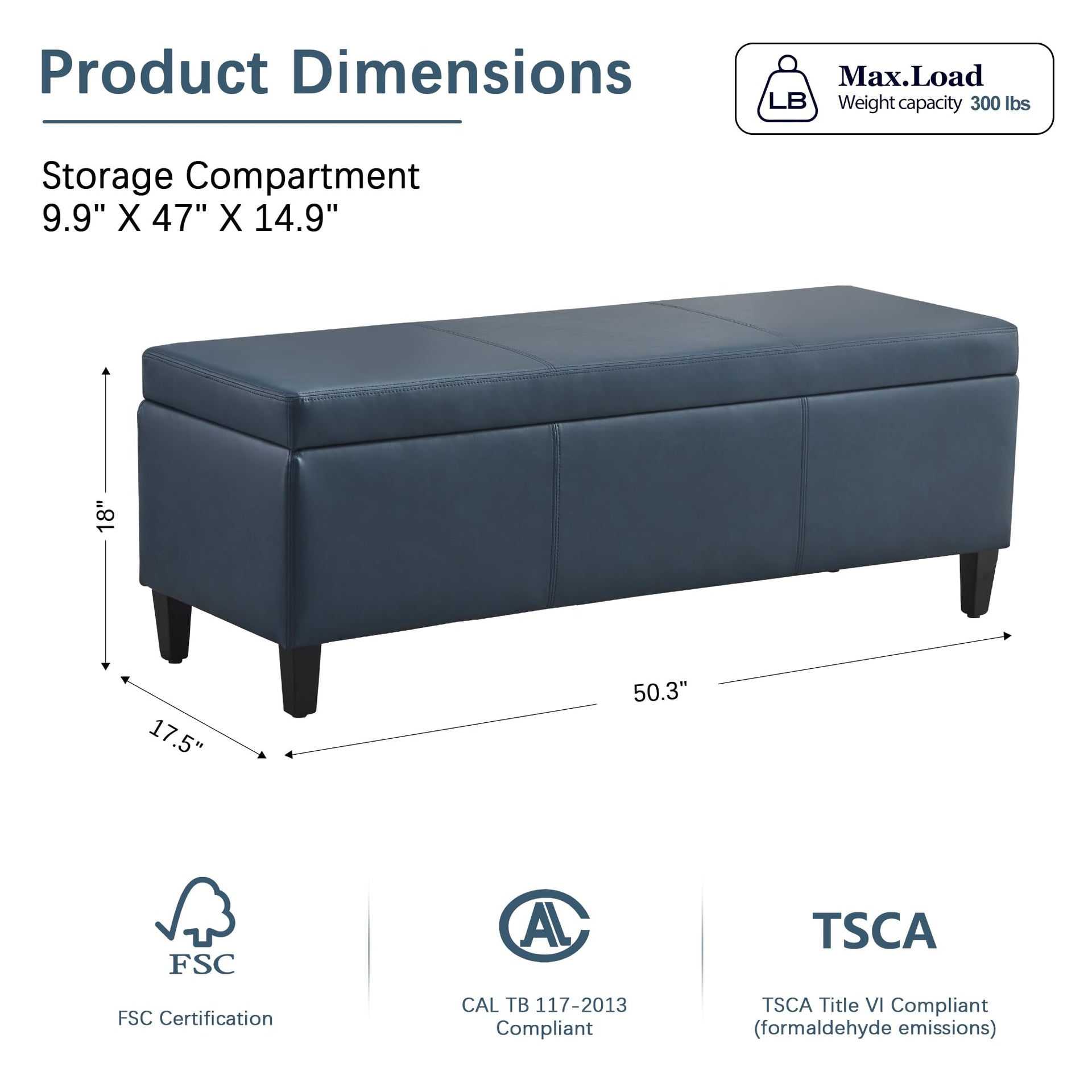 Faux Leather Storage Ottoman Bench 50.3 Inch Extra Long PU Upholstered Bedroom Bench with Large Storage Space for The Living Room
