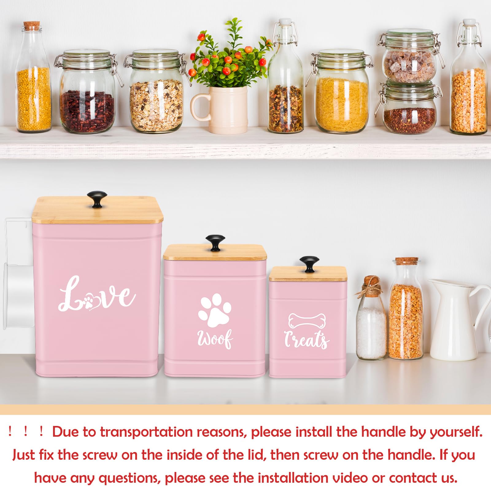 Metal Dog Treat Containers Set of 3 with Bamboo Lids and Spoon Airtight 7+3+2 lbs Dog Food Snack Jars with DIY Labels Big Pet Cookie Storage Jar for Kitchen Counter (3 Count)