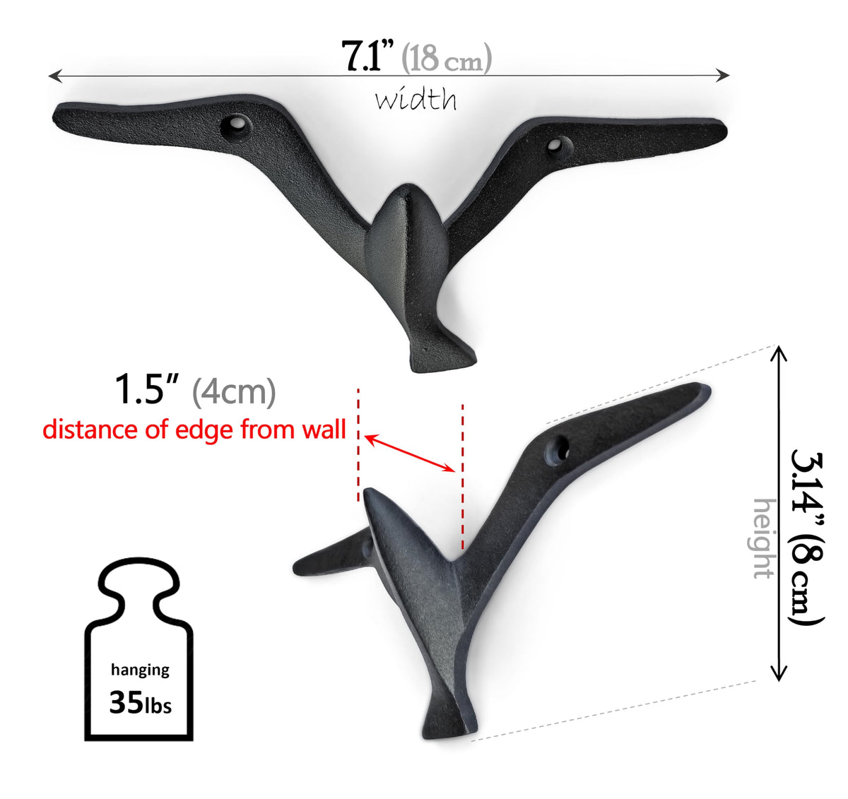 Iron Cast Decorative Gull Bird Wall Mounted Coat Hooks (3 Count)