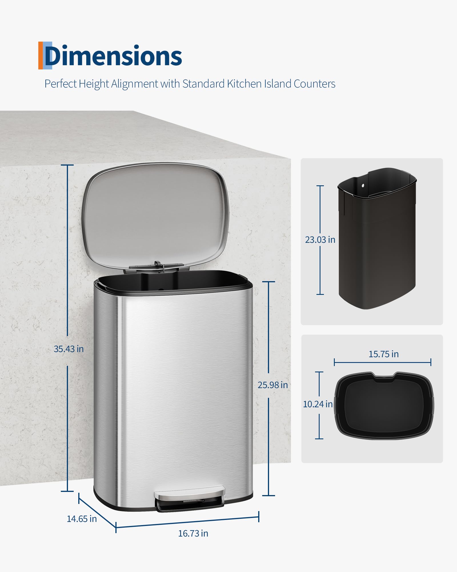 13 gal (50 L) and 2.6 gal (10 L) Stainless Steel Trash Can Combo Set, Rustproof Garbage Can with Lid for Kitchen and Bathroom, Step-on Trash Bin with Inner Bucket, Rear Handle, Silver